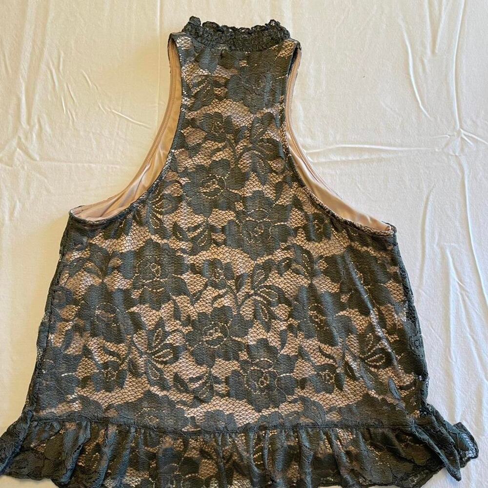 Olive Green Lace Contrast Nude Lining Ruffle High Neck Sleeveless Peplum Tank